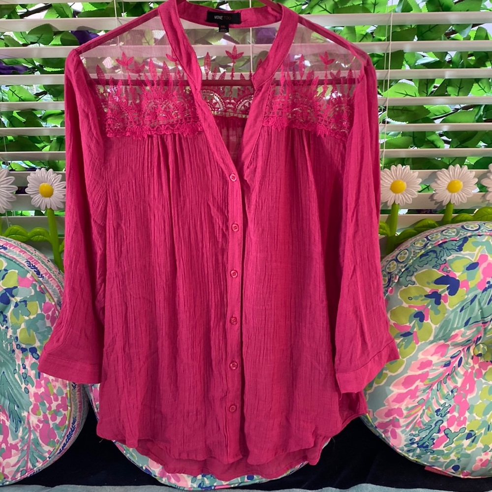 Mine Too hot pink crinkle fabric top with delicate sheer lace yoke